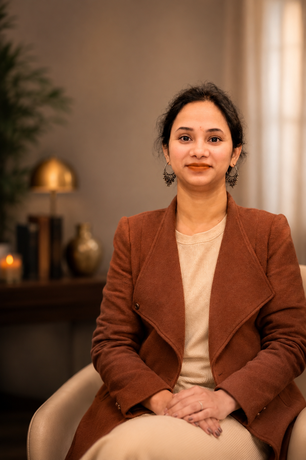 Vibhaavi, founder of Vibhaavi, in a maroon saree