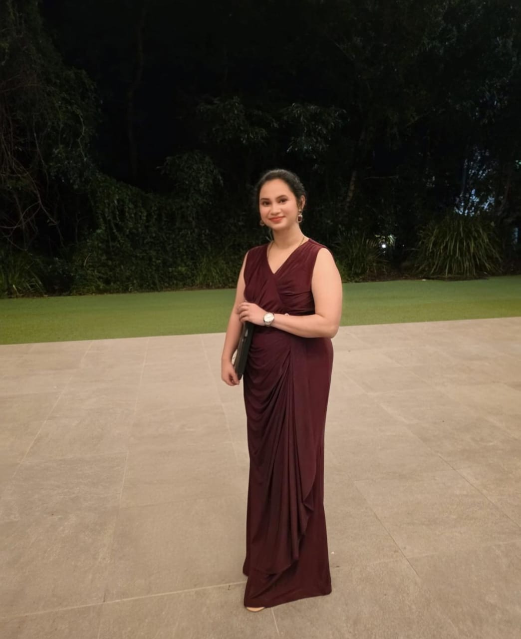 Vibhaavi, founder of Vibhaavi, in a maroon saree